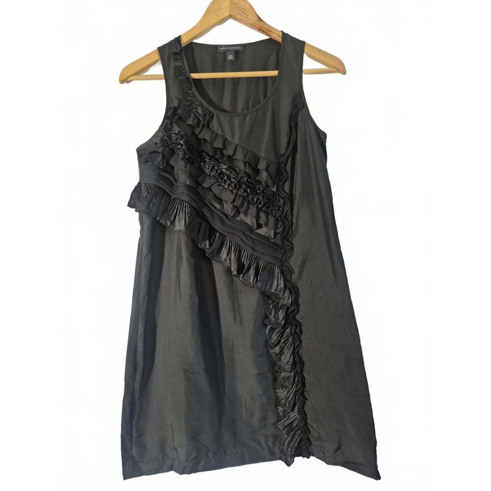 Banana Republic Black Label Black Ruffle Mini Dress 100% Silk Sleeveless Scoop N